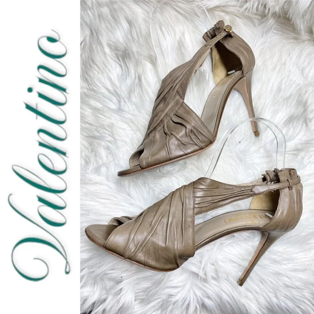 VALENTINO Vintage Taupe Leather Ruffle Accent Open Toe Stiletto Heels, Size 38.5